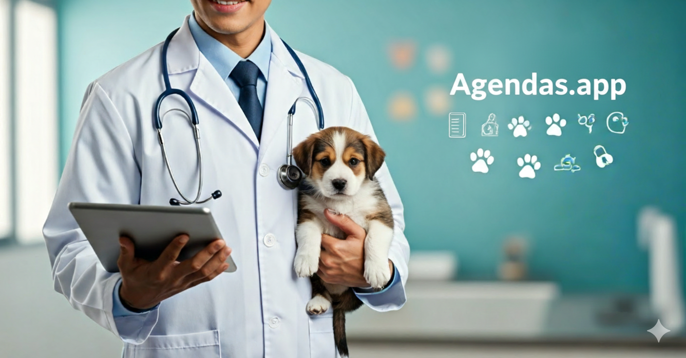 Veterinária utilizando o Agendas.app para marcar consulta em um tablet"